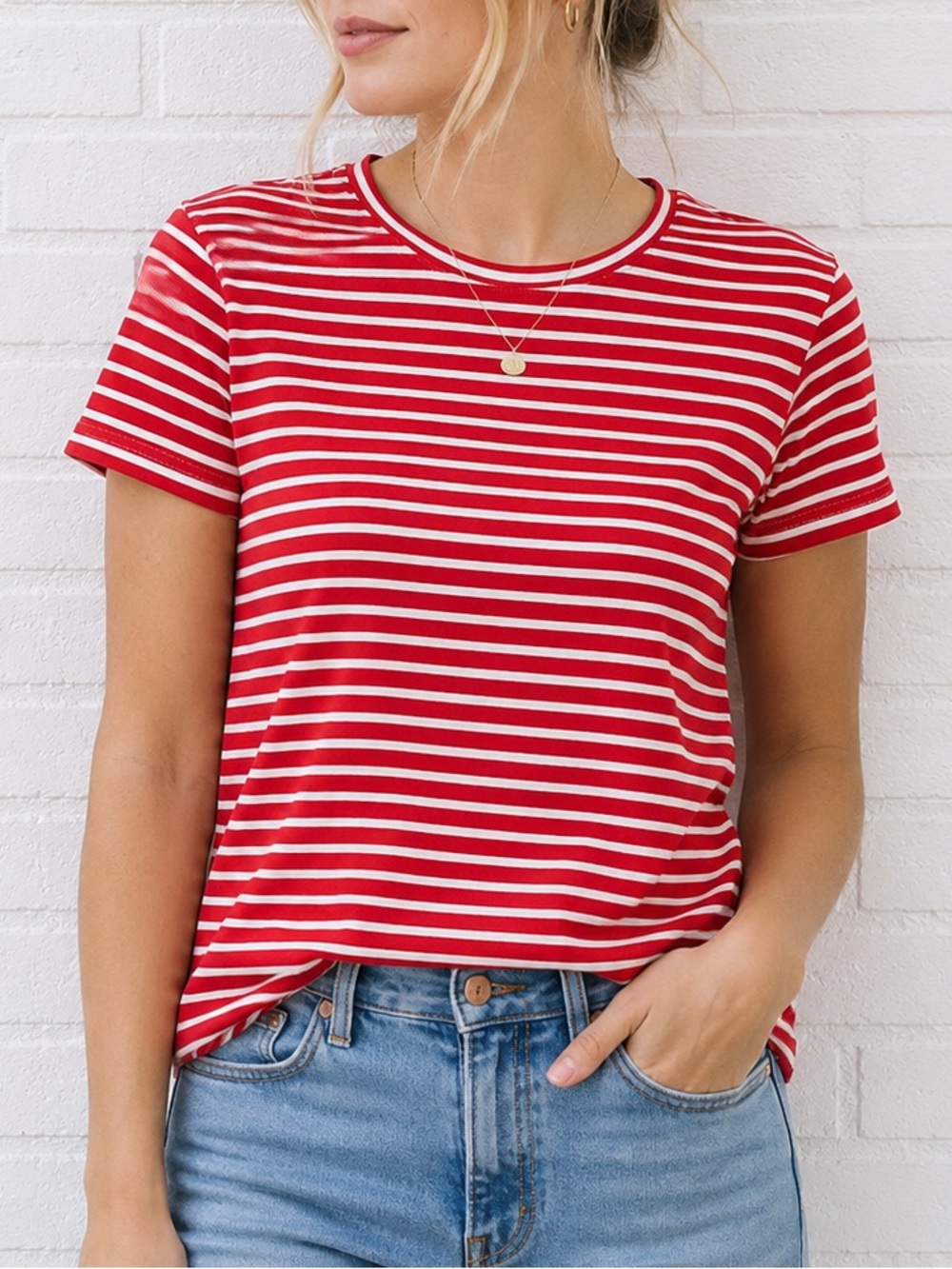 Vintage 90s Liz Sport Striped Tee S Red White 100% Cotton Coastal Preppy